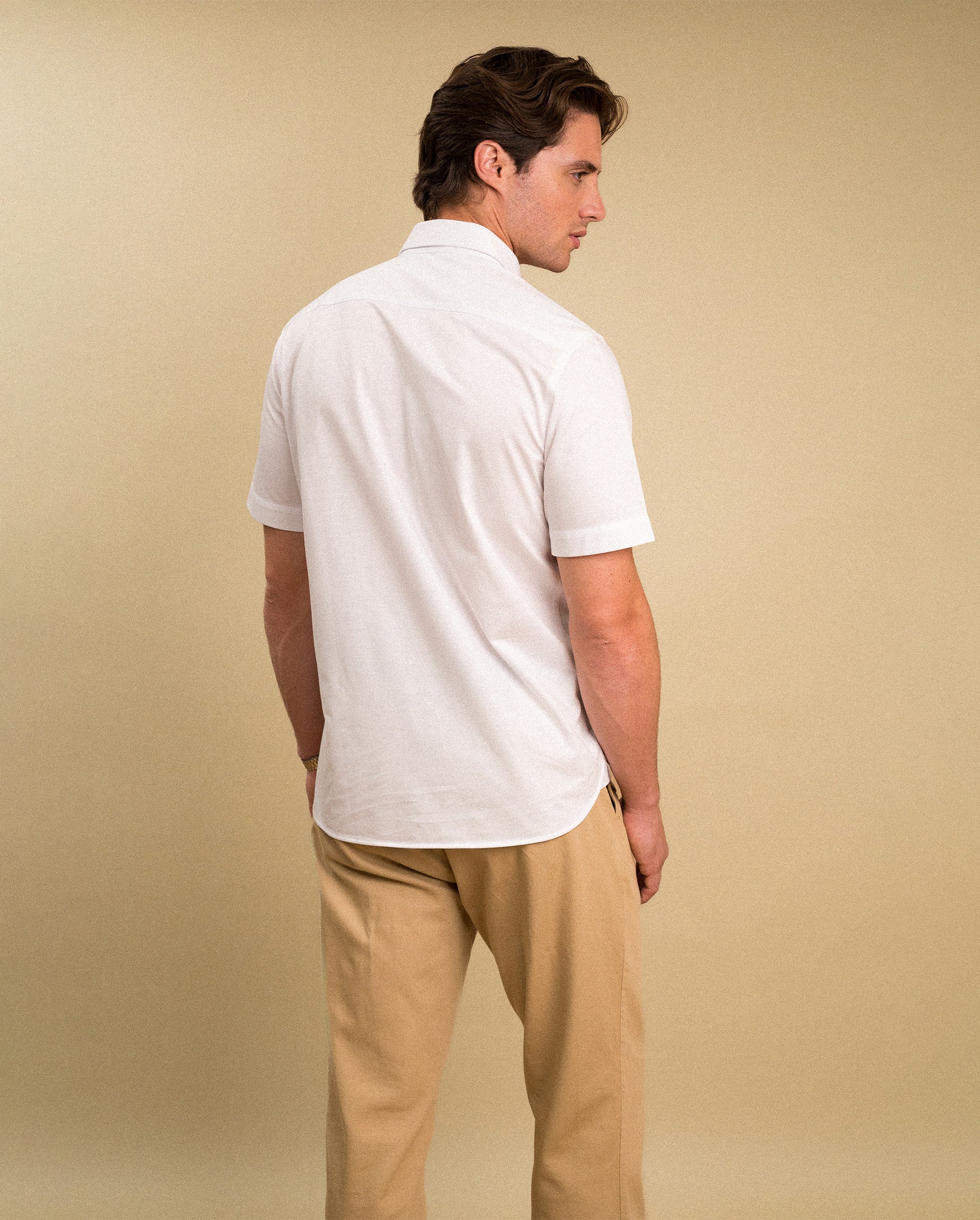 Khaki chino pants back view — Encino tapered fit, straight hem | Palma Camisería