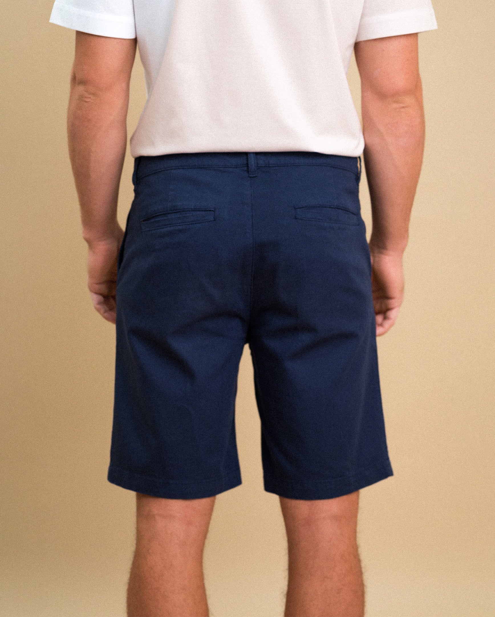 Navy shorts back view — Jacaranda back pockets and hem, men's summer shorts | Palma Camisería