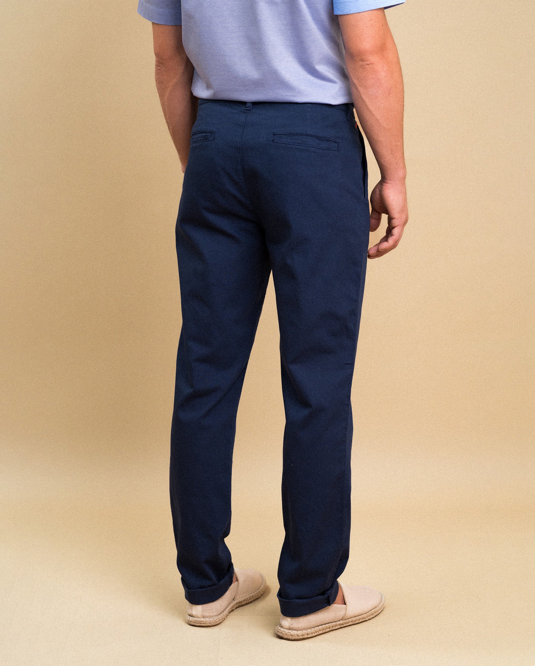 Navy chino pants back view — Encino slim tapered fit, straight hem | Palma Camisería