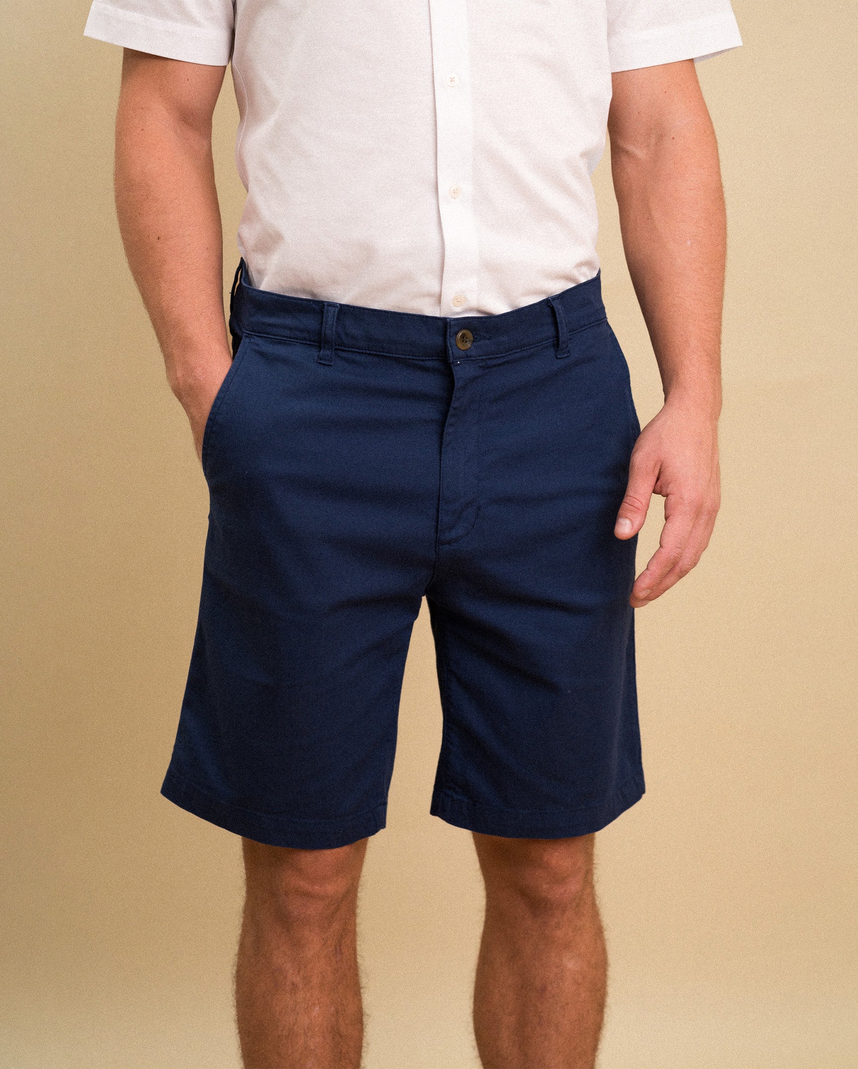 Navy shorts front view — Jacaranda mid-length relaxed fit, cotton-linen | Palma Camisería